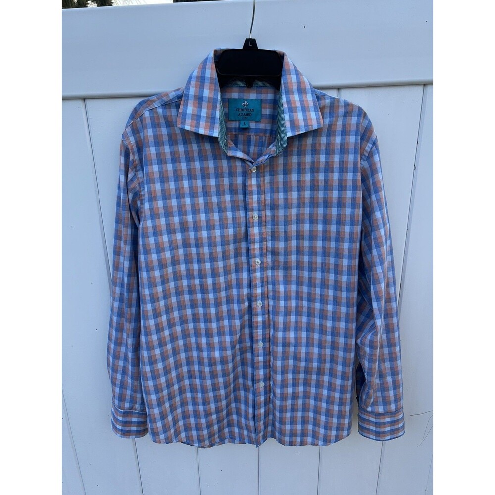 Christian Aujard Mens Plaid Long Sleeve Button Down Multicolor Cotton Blend Sz L